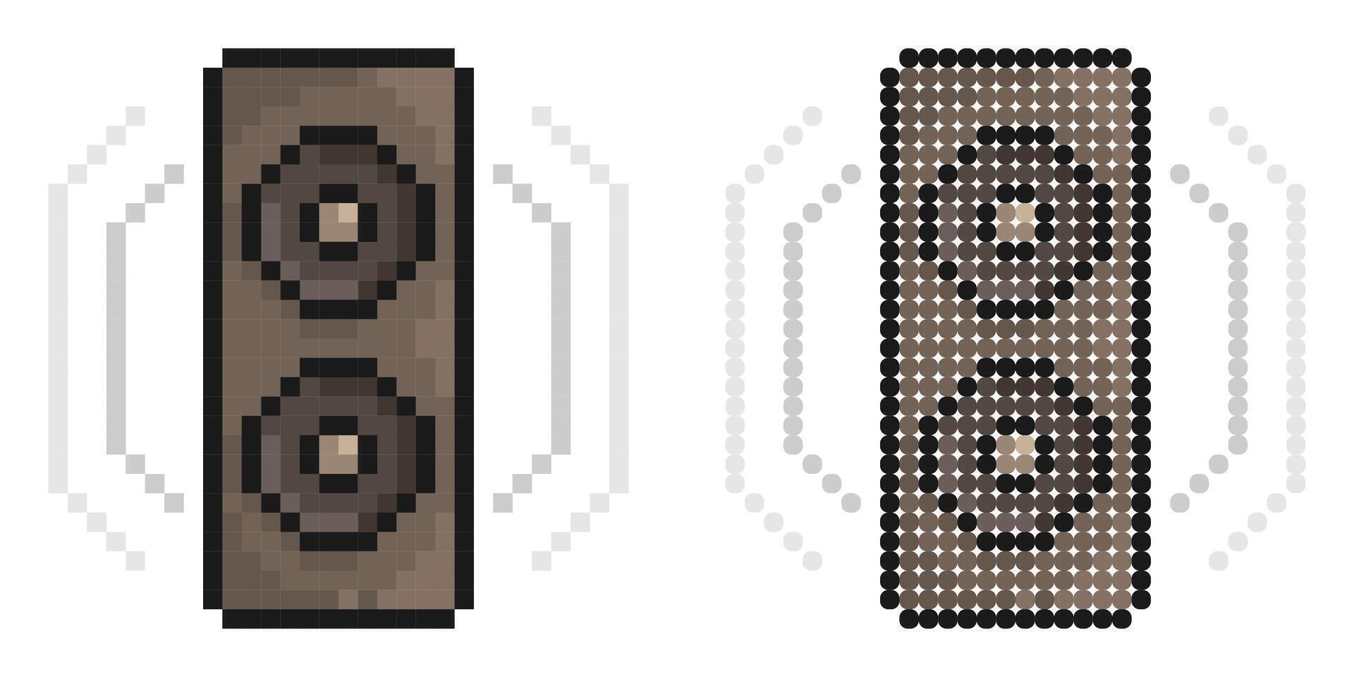 Pixel icon. Musical speaker for playing music with sound waves. Disco equipment. Simple retro game image isolated on white background vector