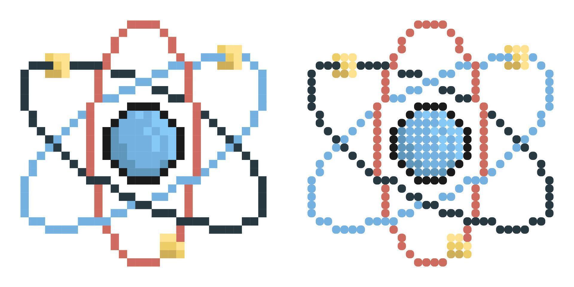Pixel icon. Atom, electrons revolve around proton in orbits. School education in physics. Nuclear power. Simple retro game isolated on white background vector