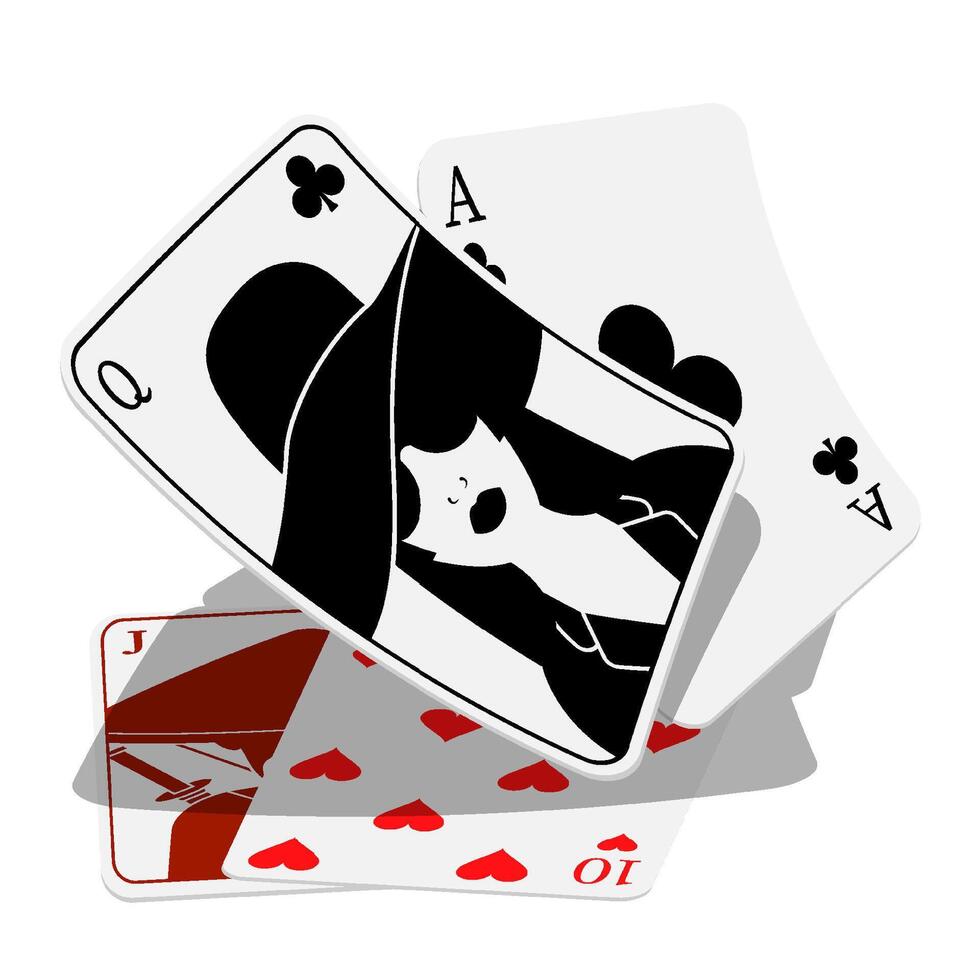 Pair of playing cards, queen of clubs and ace, beat weak pair of jack and ten of hearts. Gambling and casino. Cartoon isolated on white background vector