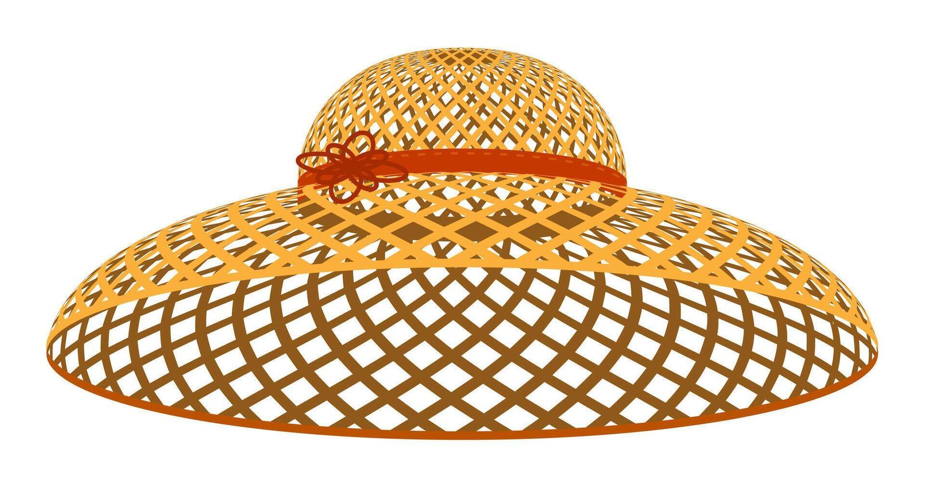 Round women hat with wide brim woven from natural material. Summer light headwear. Elegant woven straw hat with large mesh. image isolated on white background vector