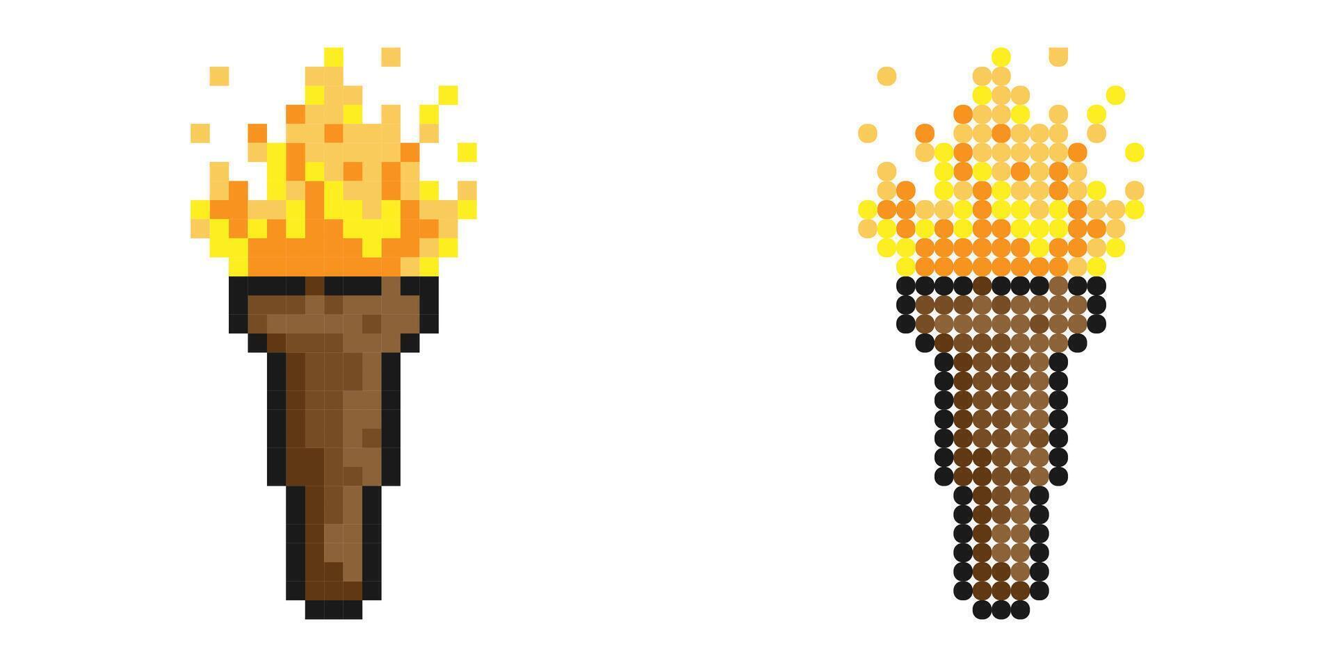Pixel icon. Torch icon with burning fire. Road lighting. Simple retro game image isolated on white background vector