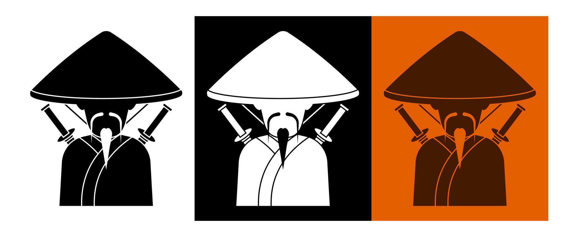 Silhouette of Japanese samurai with beard in national straw hat. Ancient warrior in traditional dress with swords behind his back. Cartoon character. image isolated on white background vector