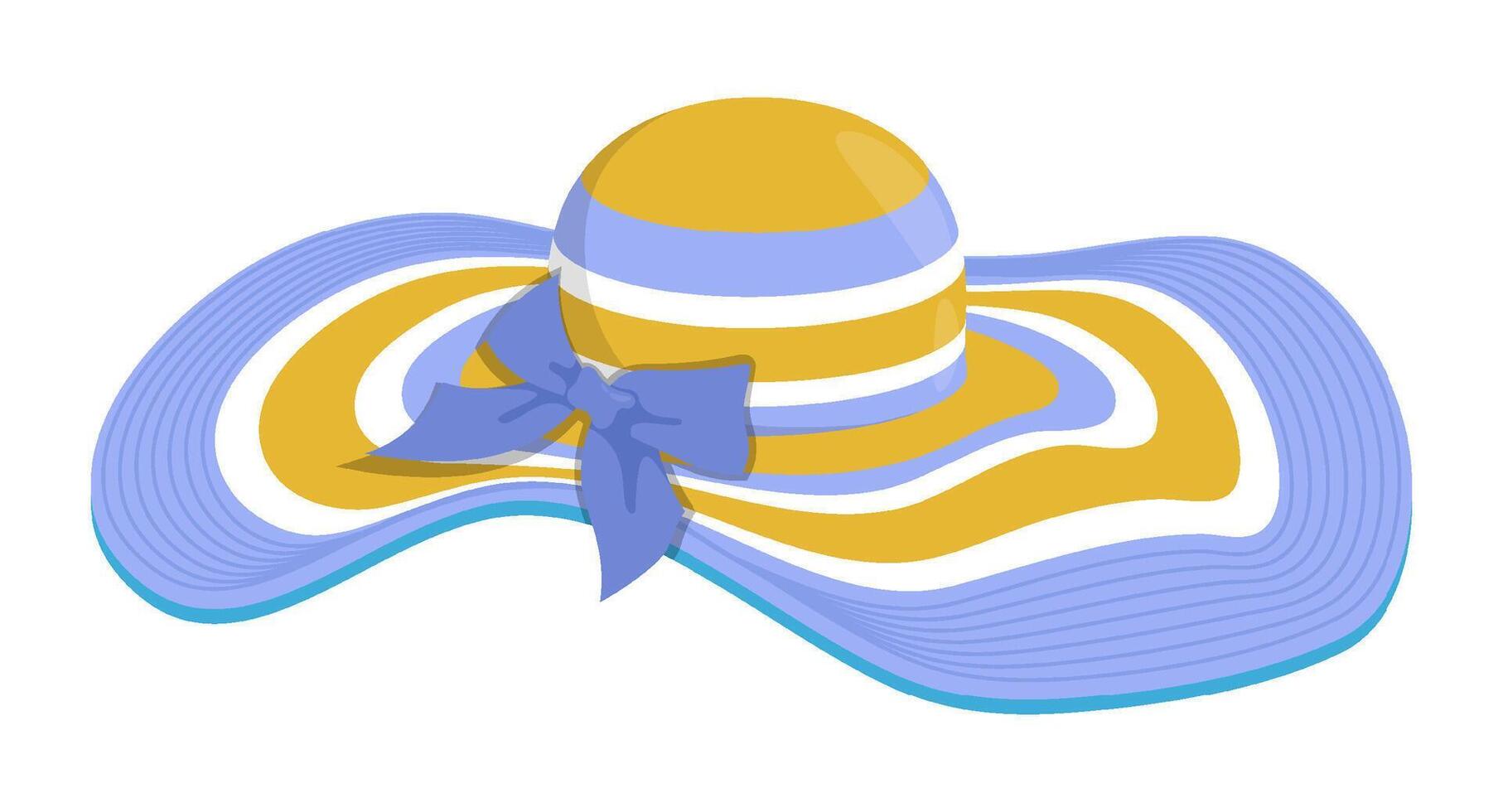 Striped round women hat with wide brim and bright decorative bow. Summer headwear for beach holiday. Cartoon image isolated on white background vector