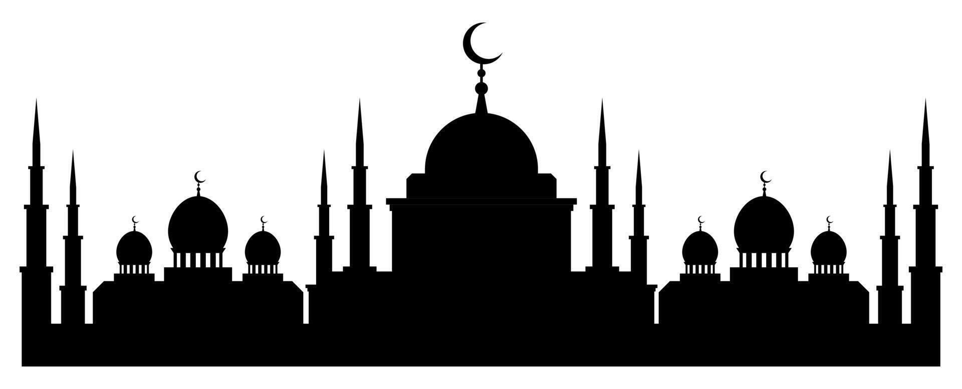 Horizontal black and white banner with silhouette of muslim mosque facade, dome and crescent symbol on top. Religious building for prayers flat. isolated on white background vector