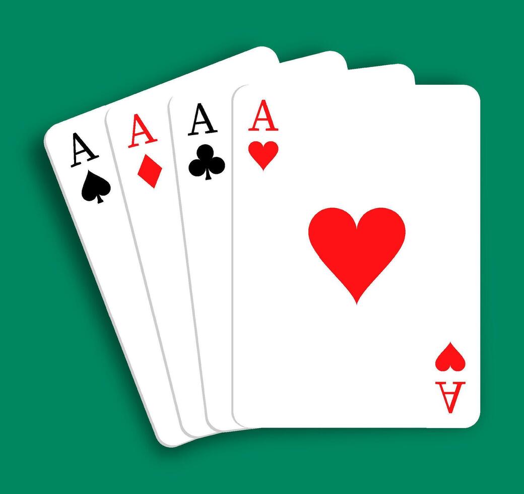 Set of 4 aces of playing cards of different suits. Diamonds, Hearts, Clubs, Spades. Combination of four kinds in poker. Realistic isolated on green background vector