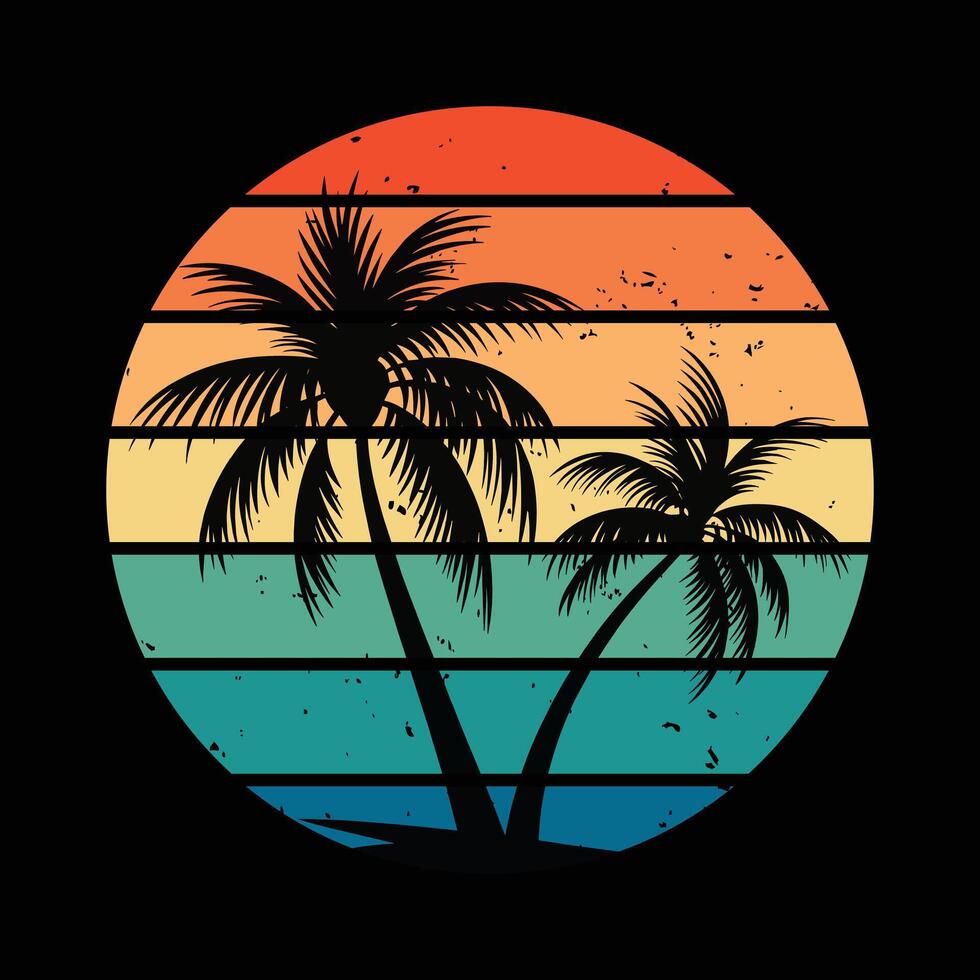 Retro Sunset Palm Trees Silhouette - Vintage Tropical Beach Illustration vector