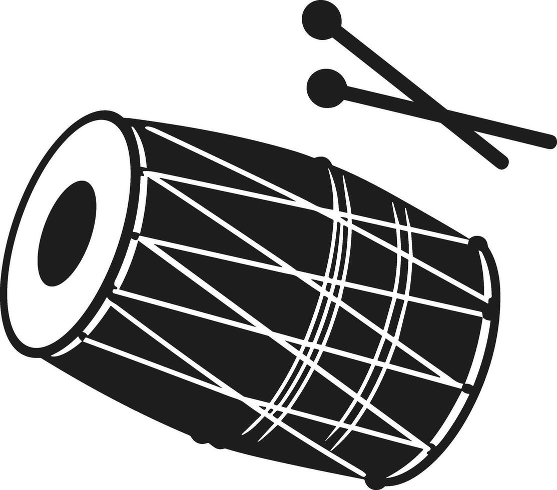 Traditional Dhol Drum with Mallets - Percussion Instrument Silhouette vector
