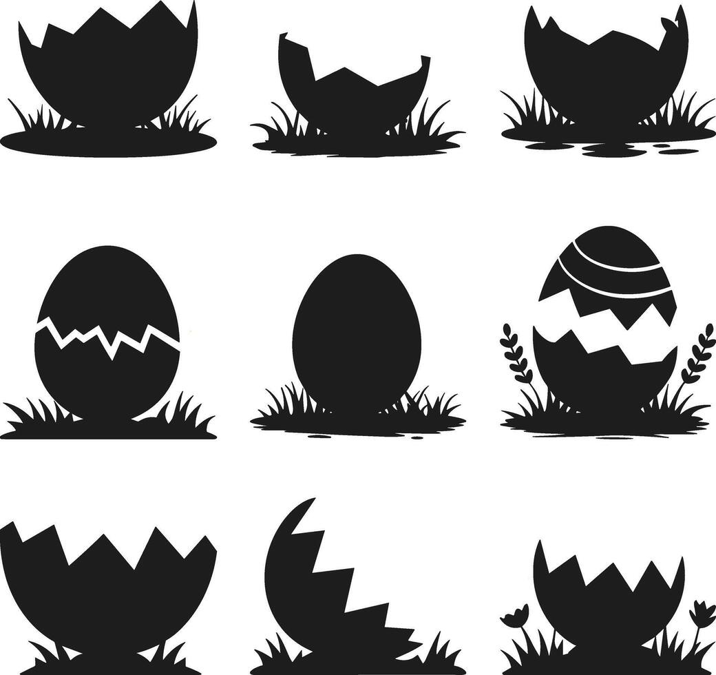 Cracked Egg Silhouettes Set - Black Easter and Nature Illustration vector