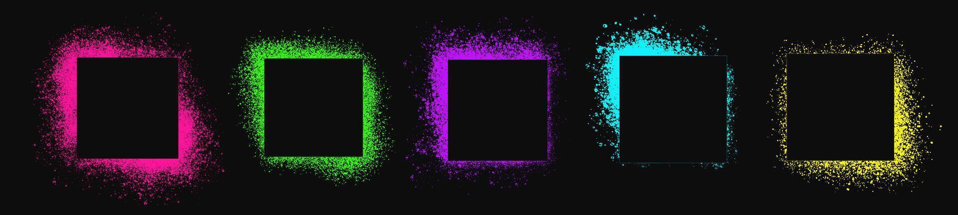 Set of neon colored square spray stencils isolated on black background. Urban street graffiti style. Airbrush paint splatter borders, grunge street art frames with splash effect and drops vector