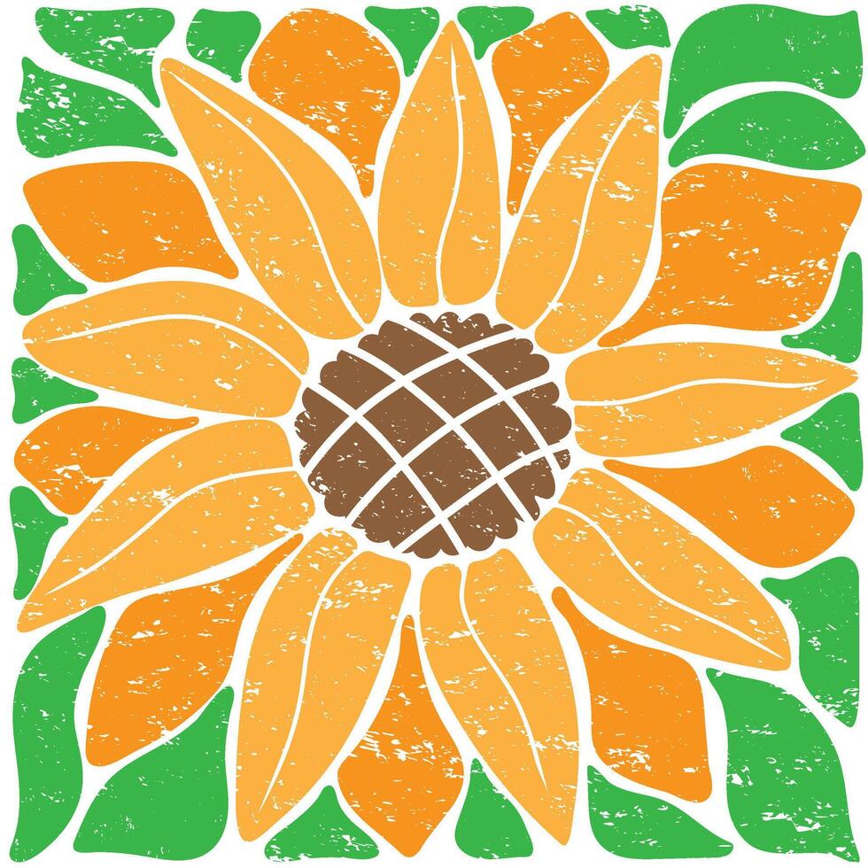 Sunflower. Floral square retro poster.Trendy hand drawn flowers infantile style. Seventies, groovy background vector