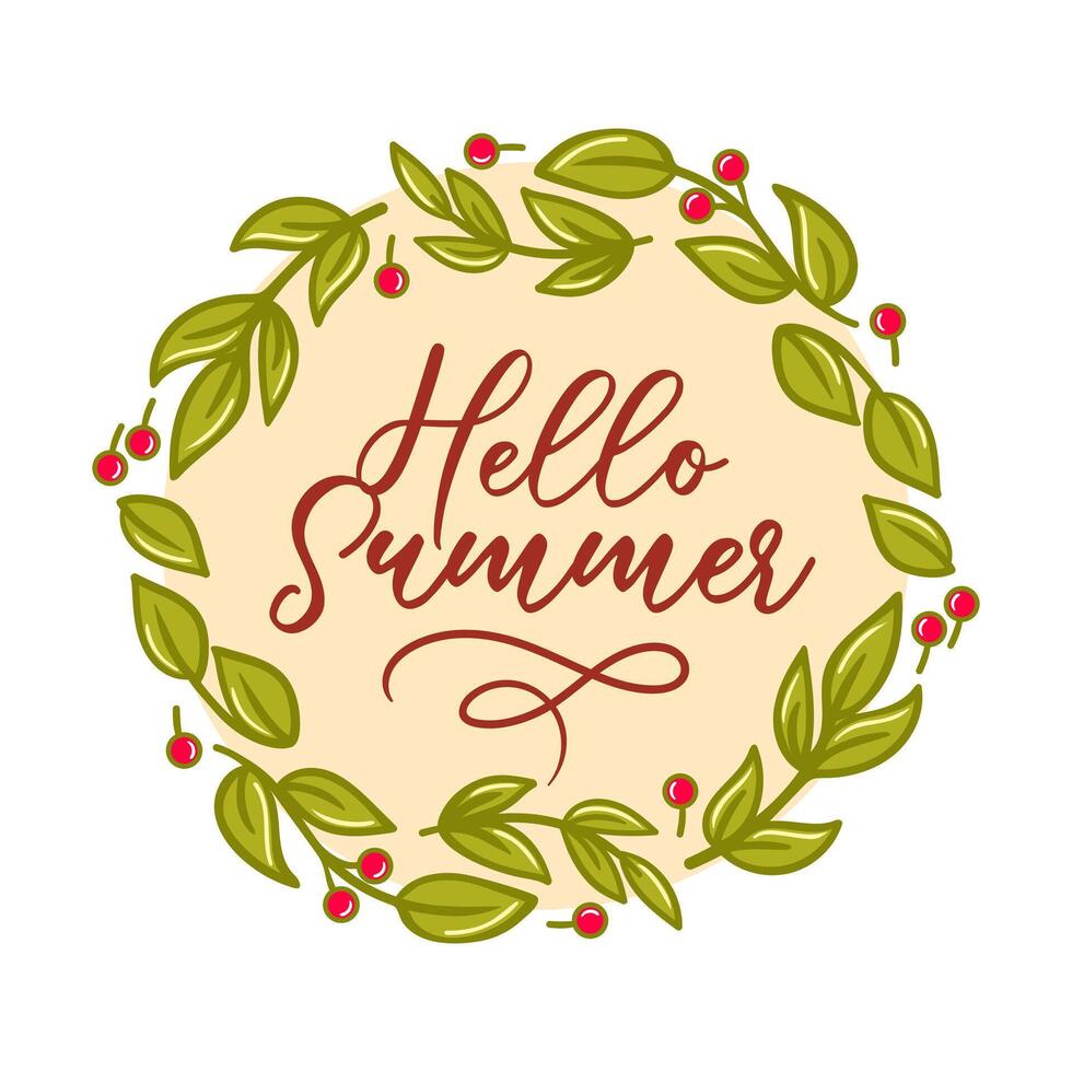 A charming summer wreath made of lush green leaves and vibrant berries, showcasing the essence of the season. This illustration radiates warmth and natural beauty, perfect for celebrating vector