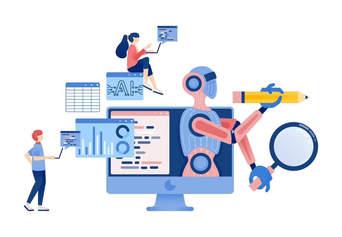 Artificial Intelligence Illustration of People Analyzing Accounting Graphs with AI Robots and Programming Assistance vector