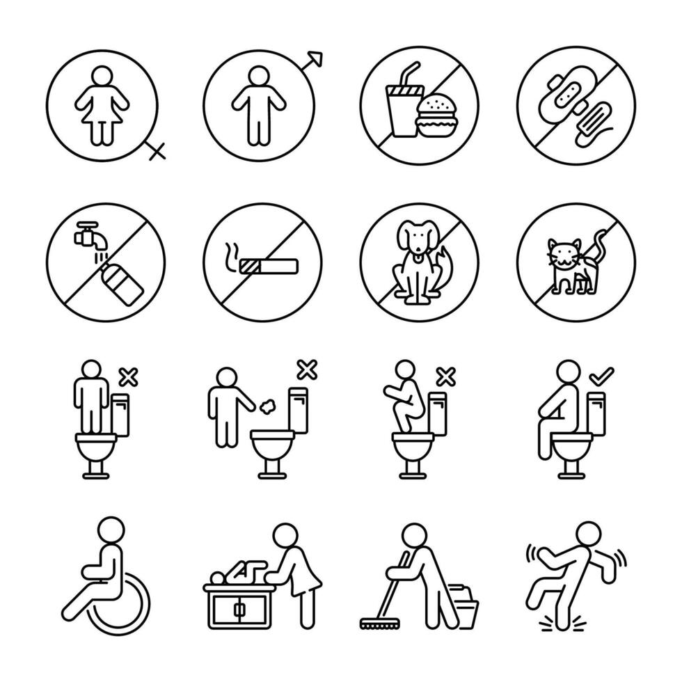Icon pack line style of bathroom and sanitation caution warning vector