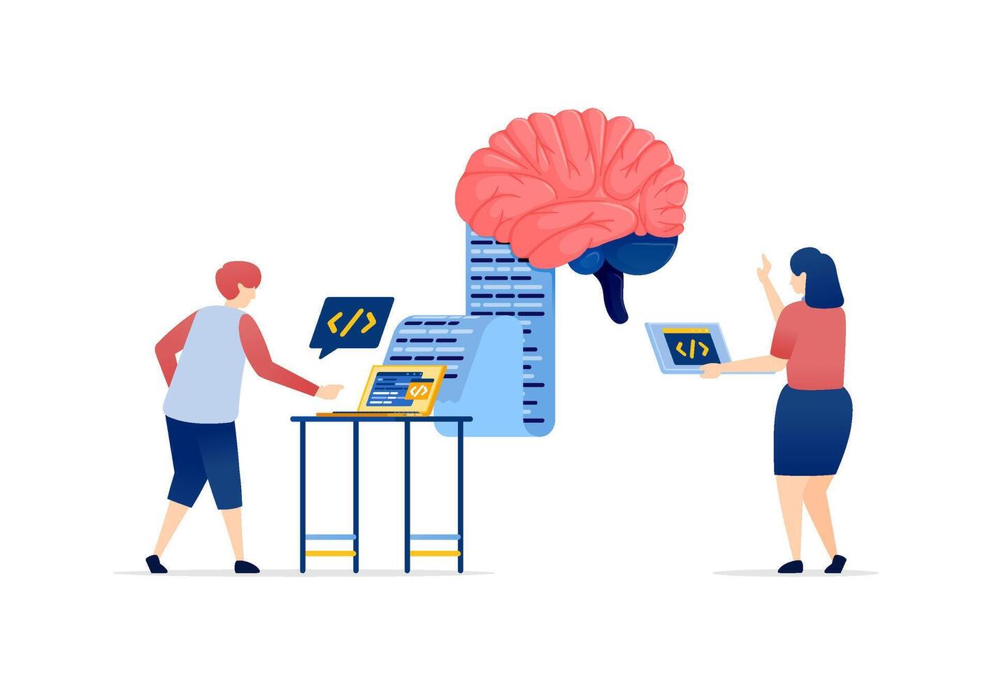 Illustration of People Accessing Brain Data to Develop Artificial Intelligence Technology Using Programming and Code for Advanced Cognitive Computing and Data Insights vector