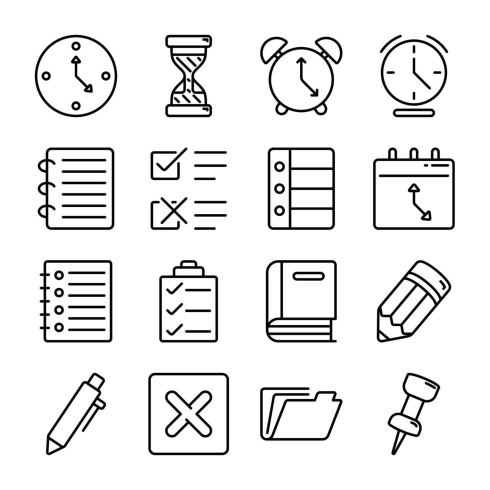 Icon pack line style of schedule and agenda including clocks, notes, calendars vector