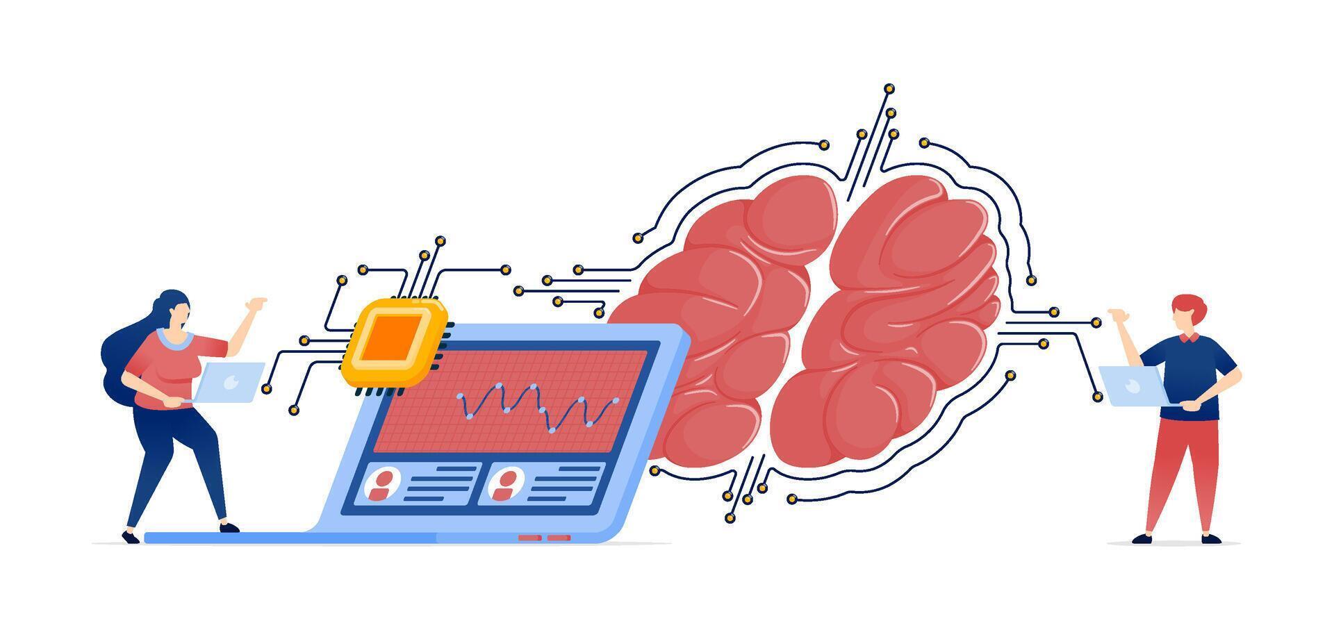Illustration of People Accessing Financial Investment and Accounting Services via AI Brains Powered by Latest Processing Chips, Enhancing Work Efficiency and Convenience vector
