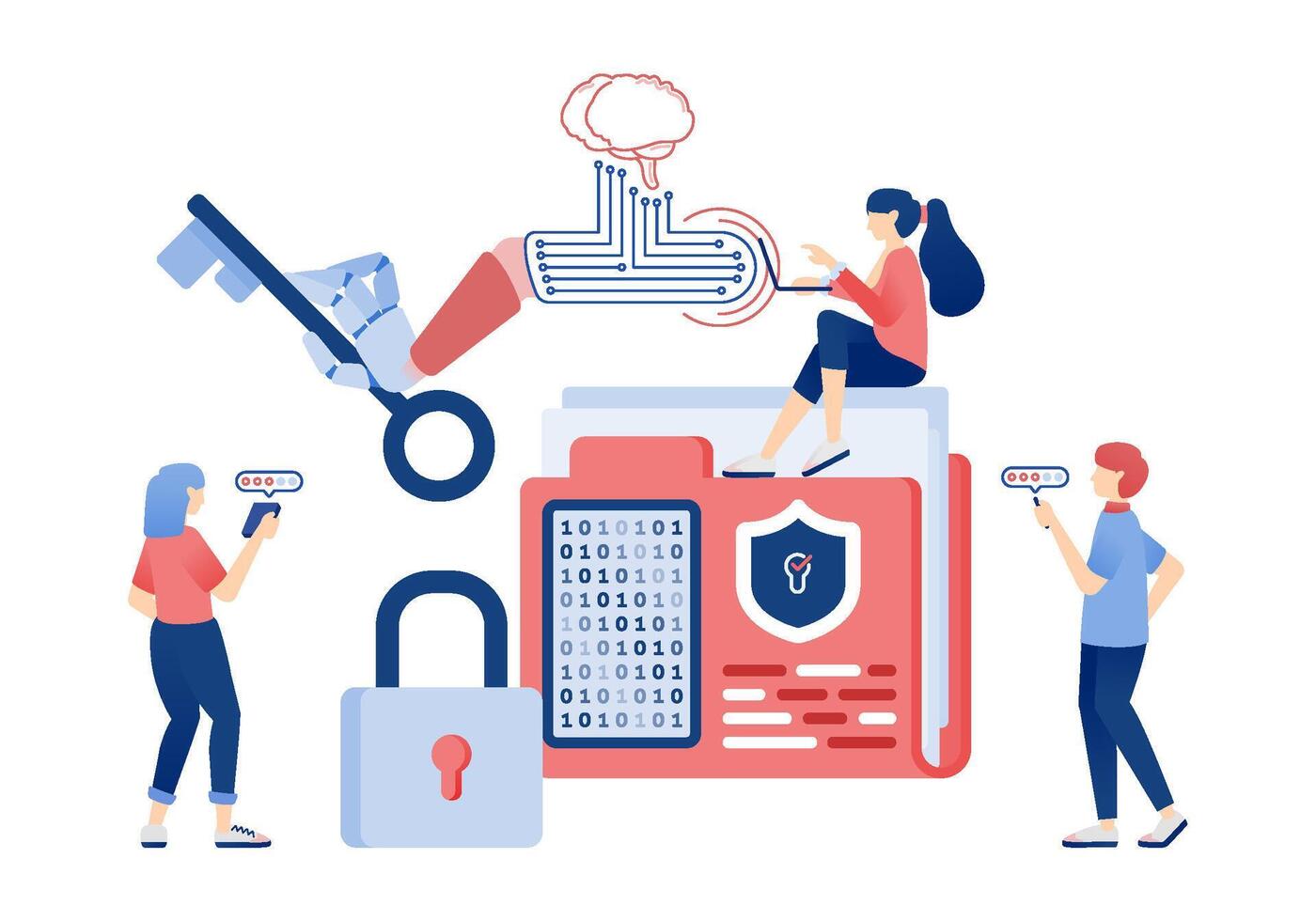 Artificial Intelligence Illustration with Robot Hand Holding Key for Secure Data Access and Document Encryption vector
