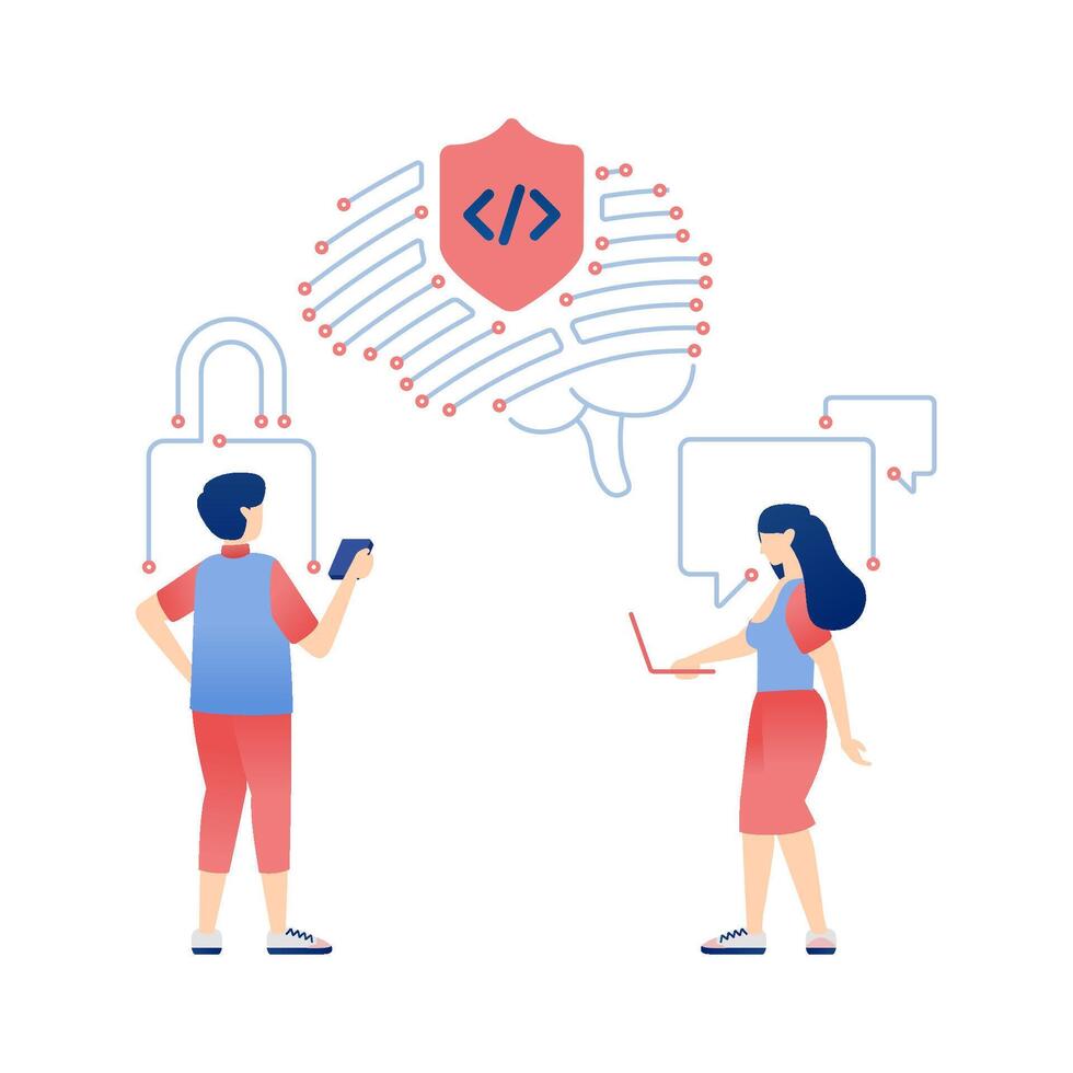 AI Secured Networks. Illustrating People Accessing Safe and Intelligent Systems for Work and Social Media Connectivity vector