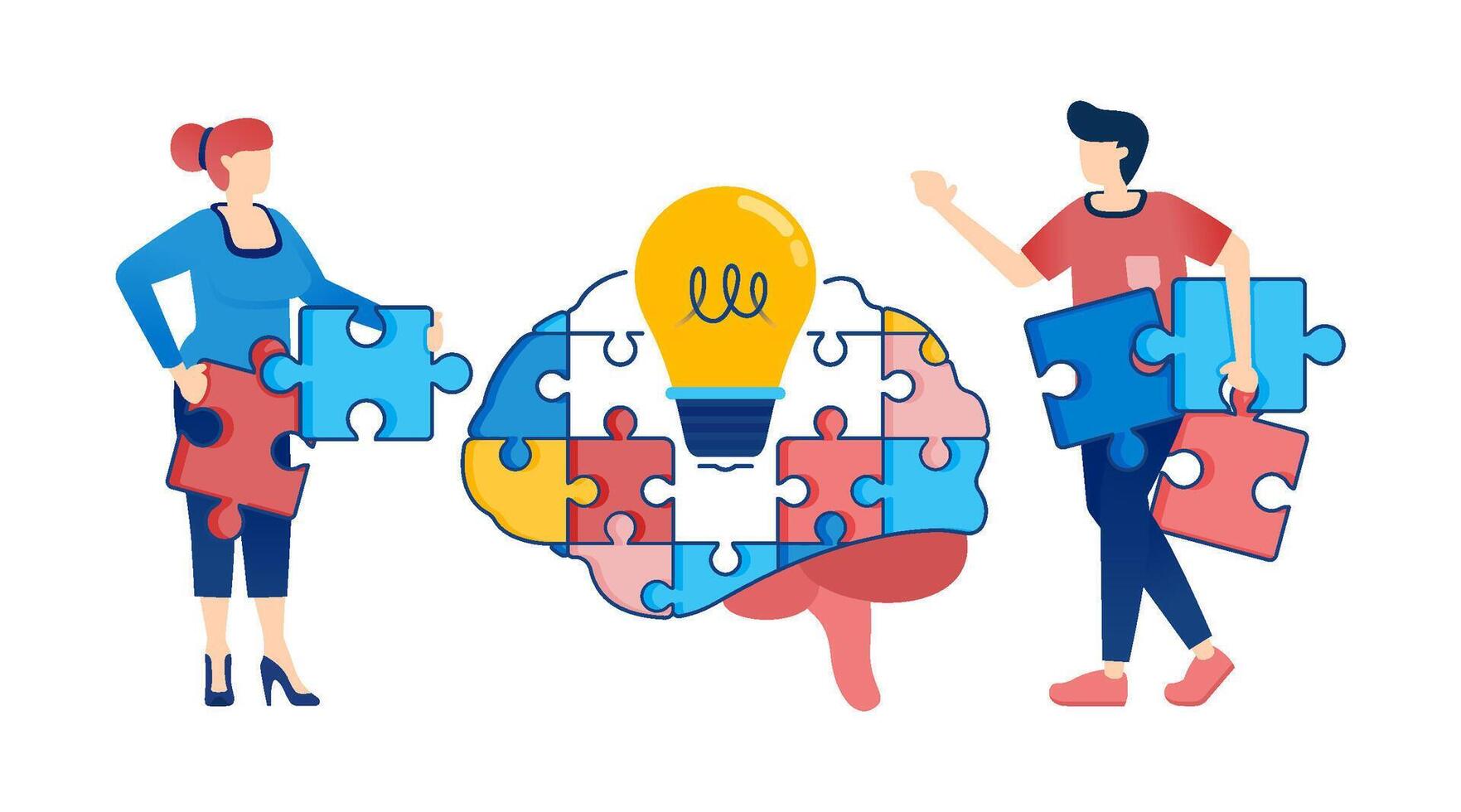 Illustration of People Solving Complex Problems and Developing Innovative Ideas with the Aid of an AI Brain, Lightbulbs, and Puzzle Elements for Brainstorming vector