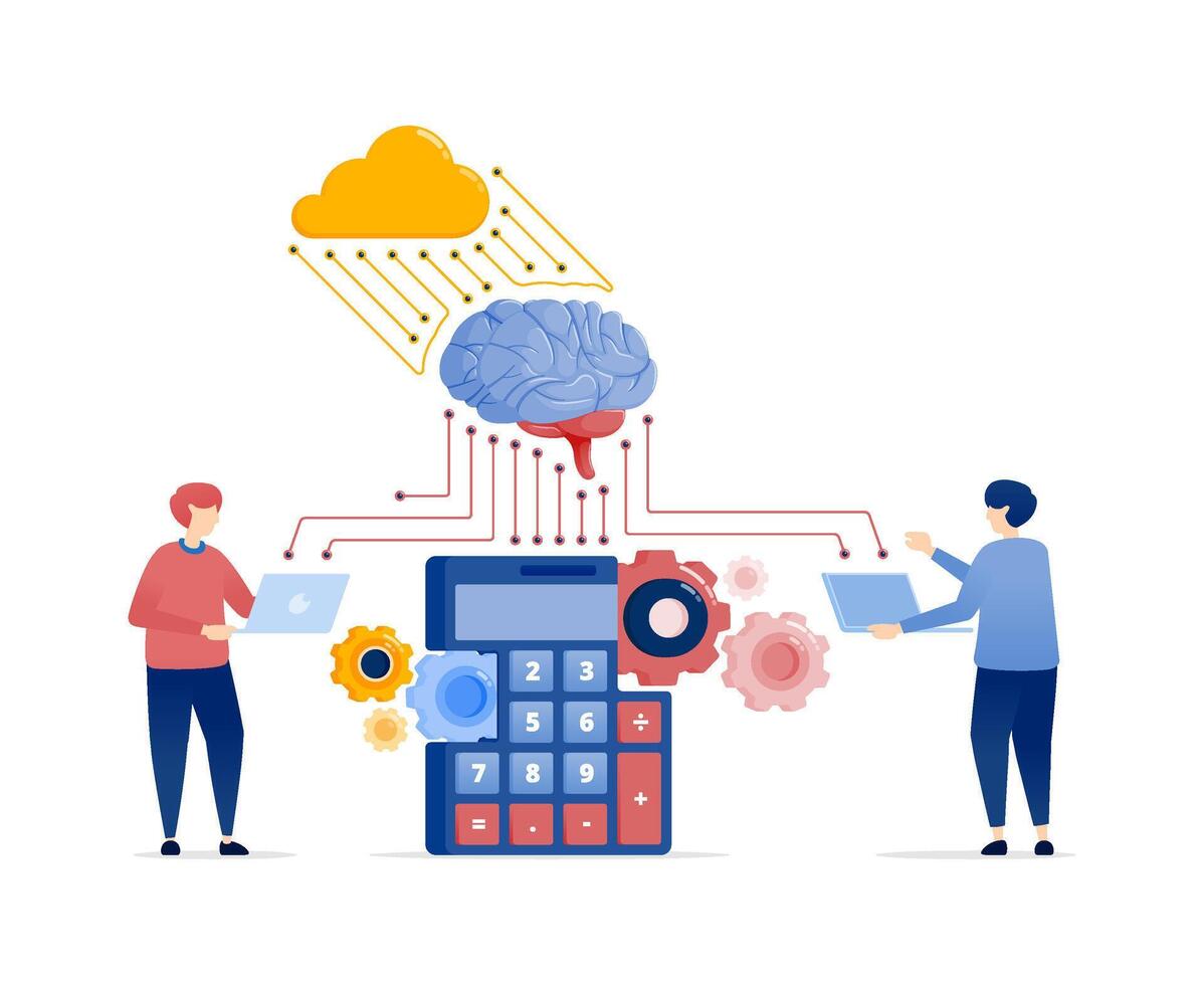 Illustration of People Accessing Mathematical and Accounting Data to Develop AI Models with Cloud-Based Learning Machines, Brain Networks, and an Active Calculator vector