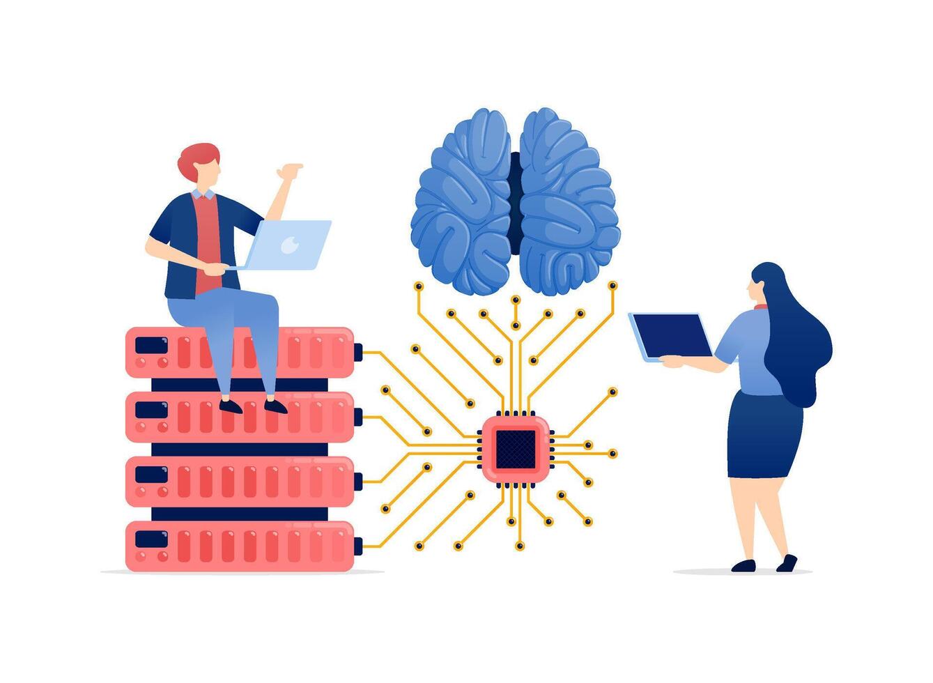 Illustration of People Accessing a Database Linked to an AI Brain via a Chip, Advancing Artificial Intelligence for Efficient Data Storage over an Internet Network vector