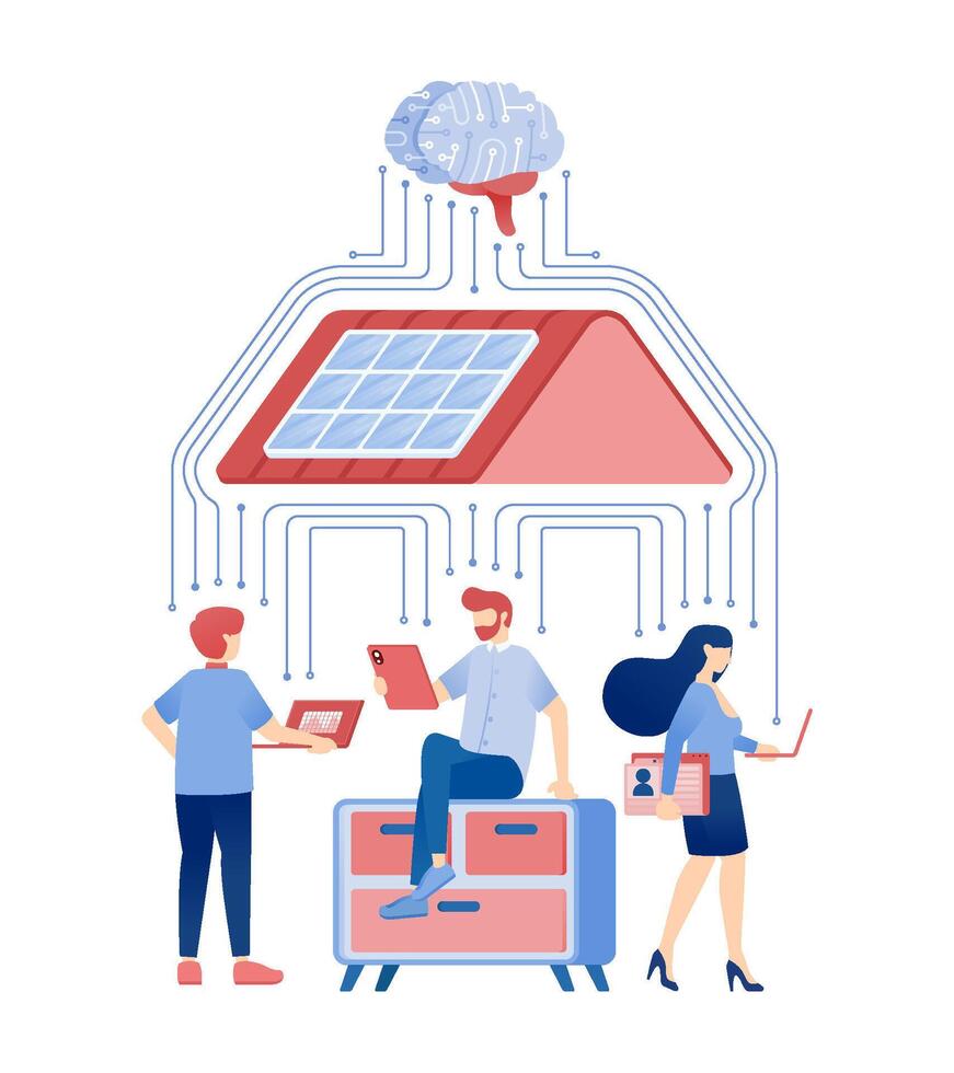 Illustration of an AI Brain Optimizing Clean Energy for an Independent House Using Eco-Friendly Solar Panels and Networked Energy Integration vector