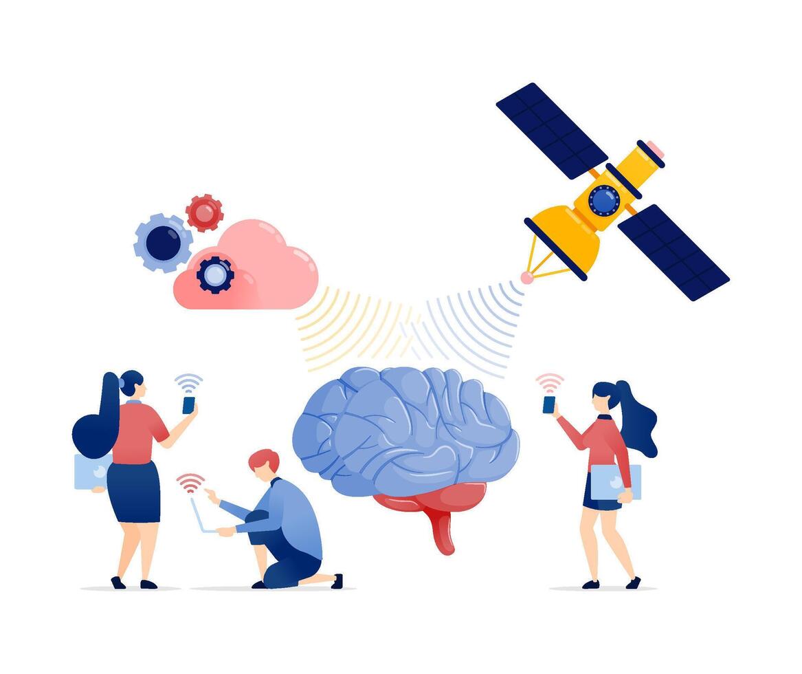Illustration of People Connected to a Network Powered by Artificial Intelligence with Wireless Cloud and Satellite Connectivity for Global Data Exchange vector