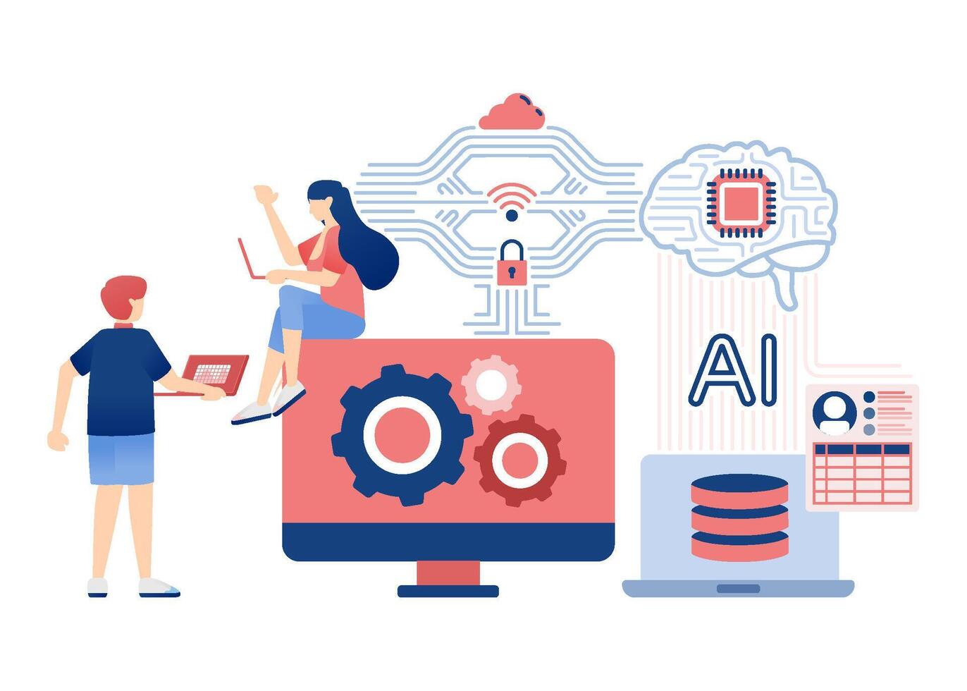 Artificial Intelligence Illustration with Brain Chip for Interconnected User Data and Organized Computer Database vector