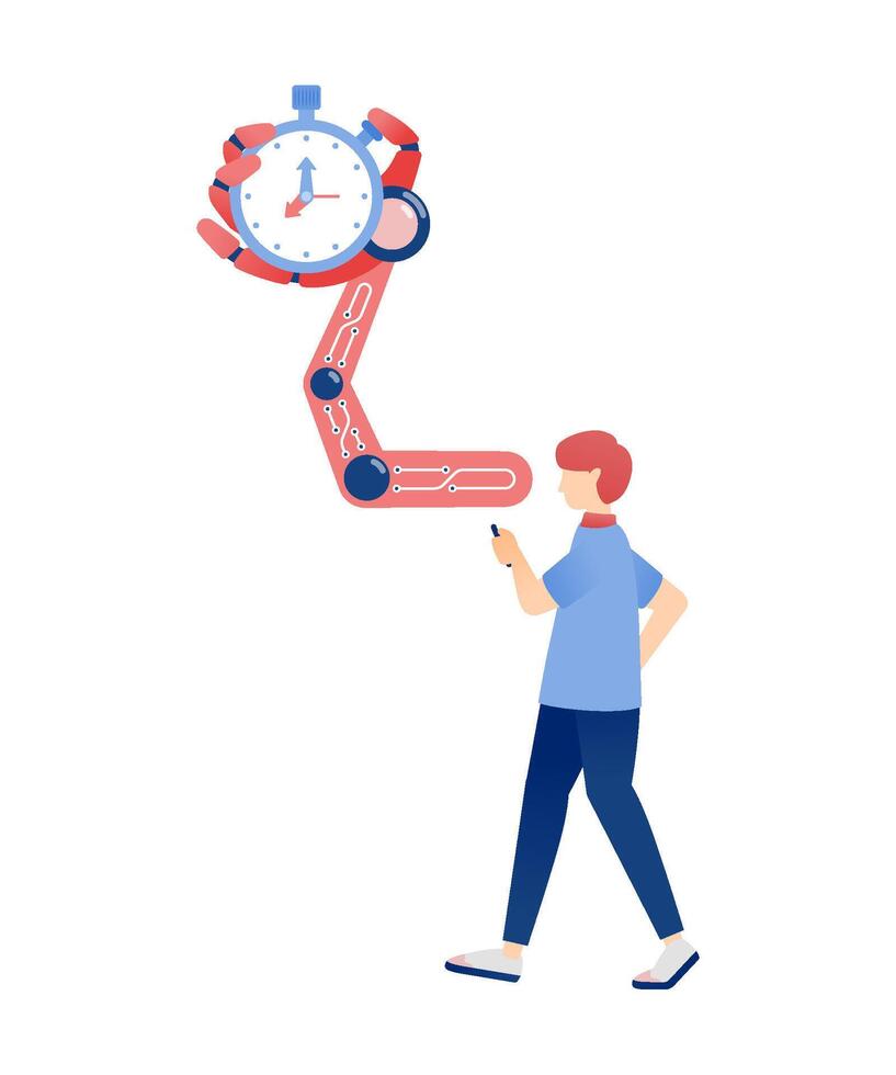 Artificial Intelligence Illustration with Cyborg Hand Holding Clock for Time Management and Event Scheduling Apps vector