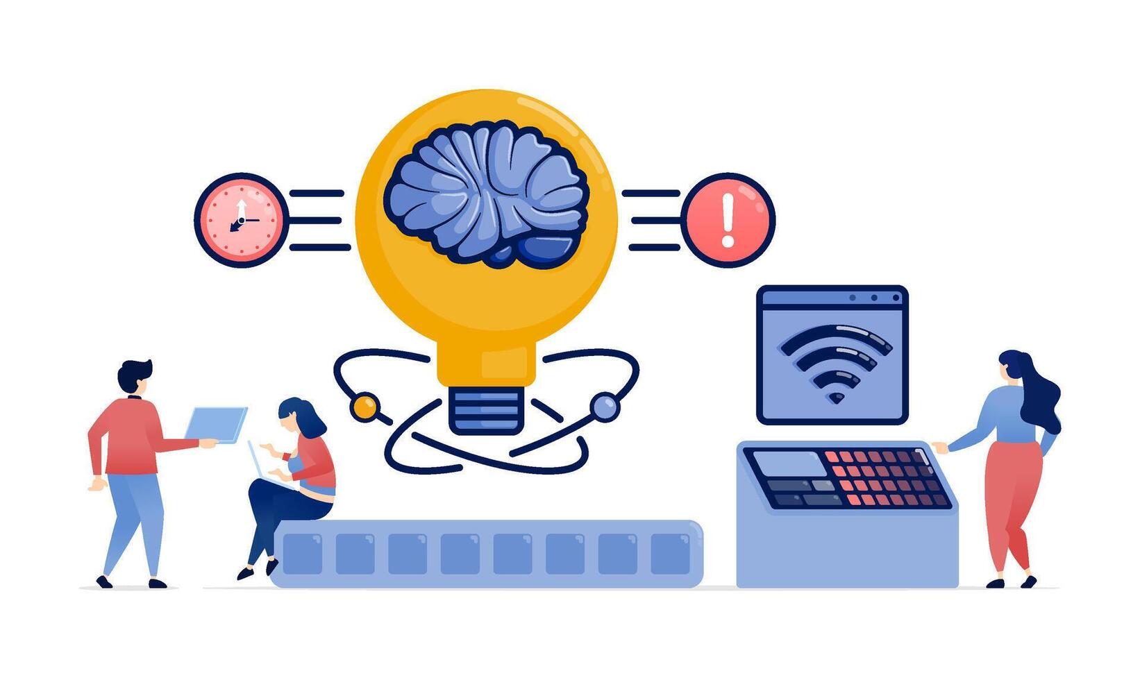 Illustration of People Using Internet-Connected Machines to Create Ideas Supported by an AI Brain, Delivering Speed, Alerts, and Efficiency for Streamlined Work vector