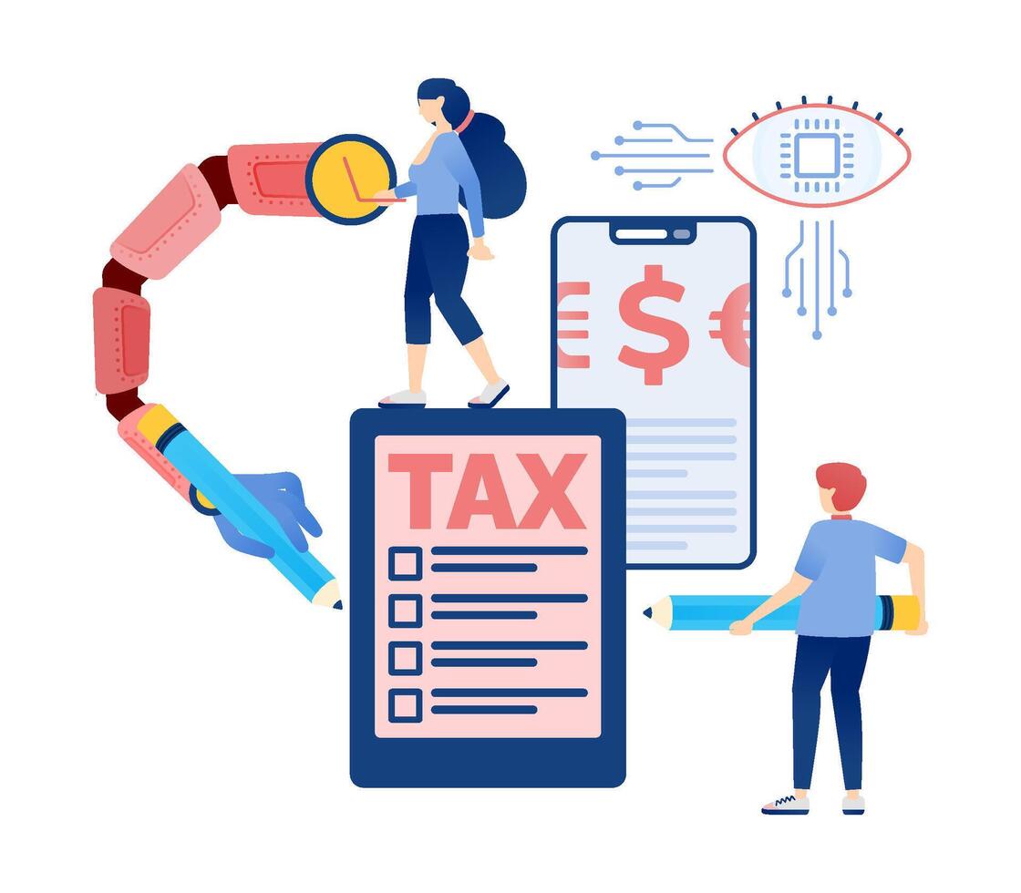 Illustration of People Utilizing Internet Networks and Cyborg Hands for Tax Surveys, Banking, and Investment Access, Enhancing Financial Services with AI-Driven Precision vector