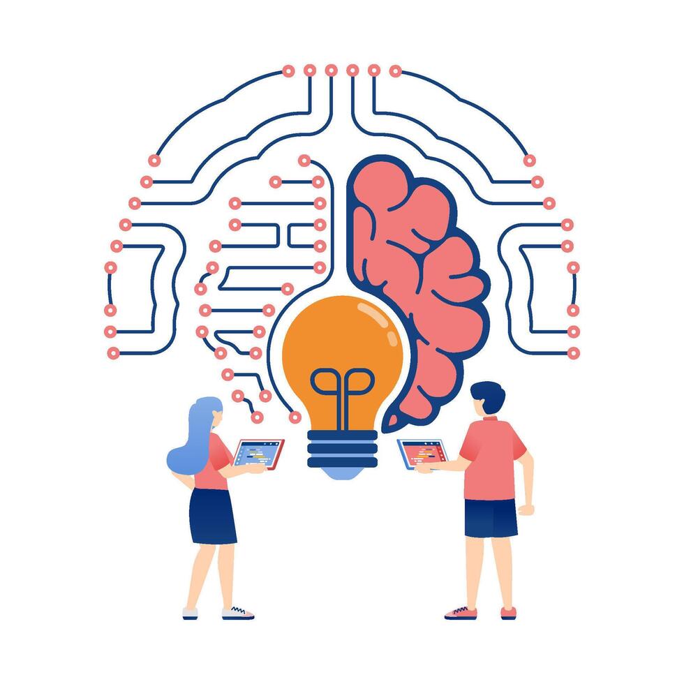 Artificial Intelligence Illustration of People in Network Searching for Ideas and Knowledge with Brain and Light Symbols vector