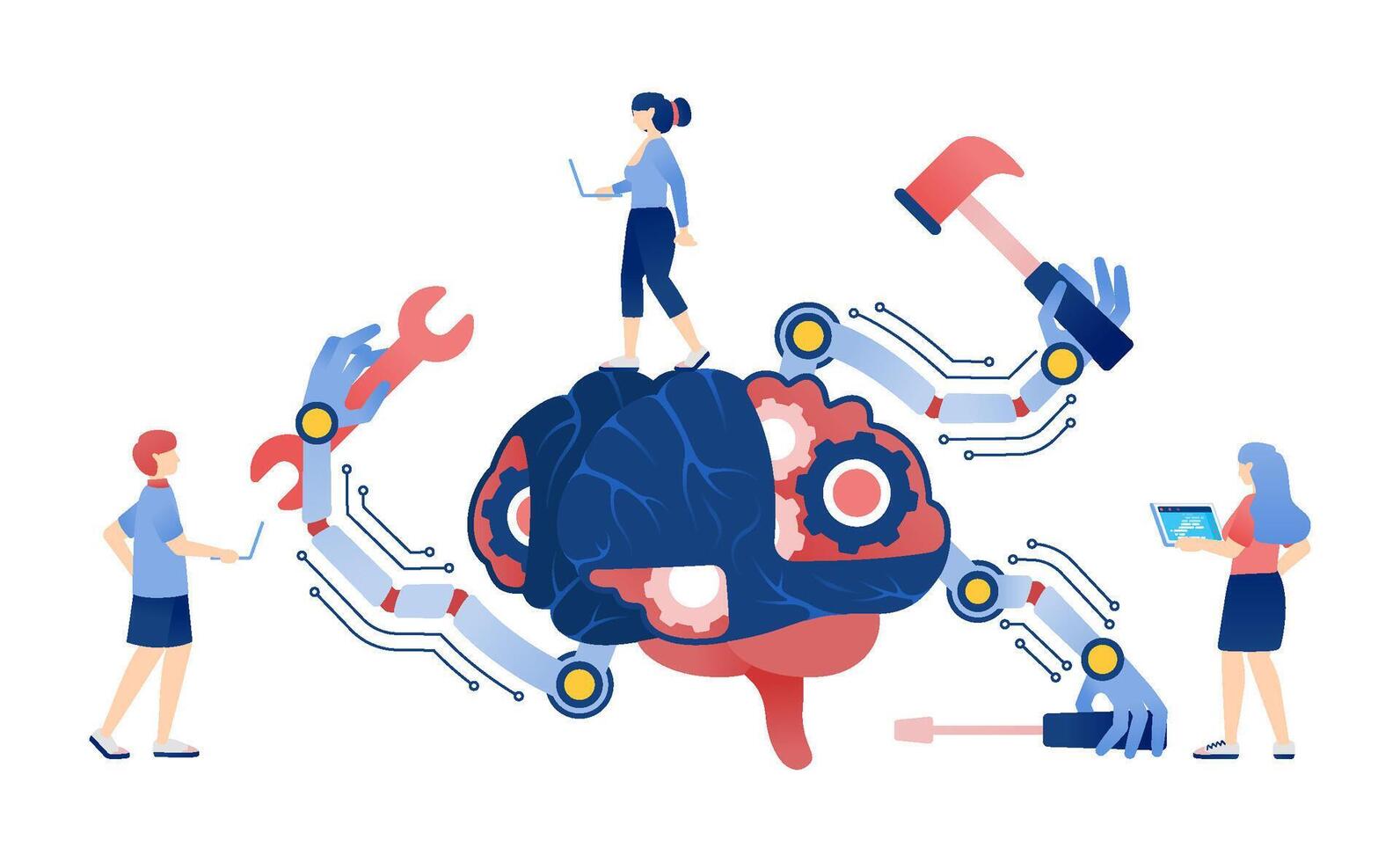 Artificial Intelligence Illustration of People Developing Self-Repairing Learning Machines with Robot Hands and Tools vector