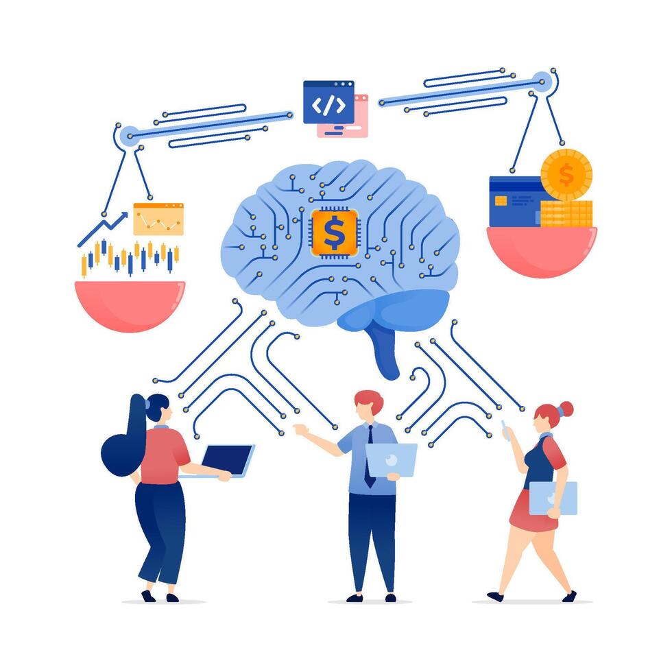 Illustration of People Utilizing AI-Powered Brains and Specialized Processing Chips to Drive Financial Services, Banking Decisions, and Investment Choices with Precision vector