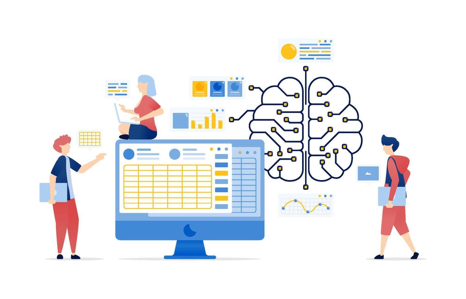 Illustration of People Accessing an Internet Network Connected to an AI Brain to Solve Spreadsheet Data, Business, and Accounting Problems for Enhanced Work Efficiency vector