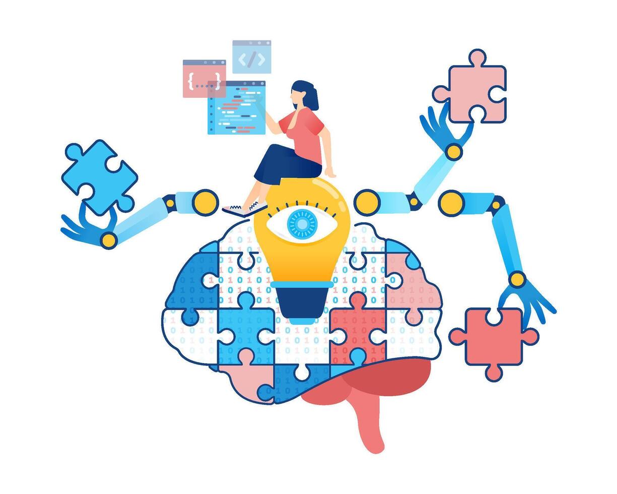 Artificial Intelligence Illustration of Woman Finding Ideas with AI Programming and Binary Brain Puzzle Assistance vector