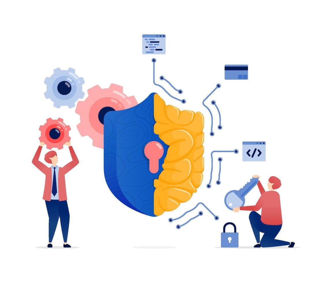 Illustration of People Accessing Data Secured by an AI Brain Shield, Forming a Defense System for Security, Data Protection, and SelfDefense on Advanced Digital Networks vector