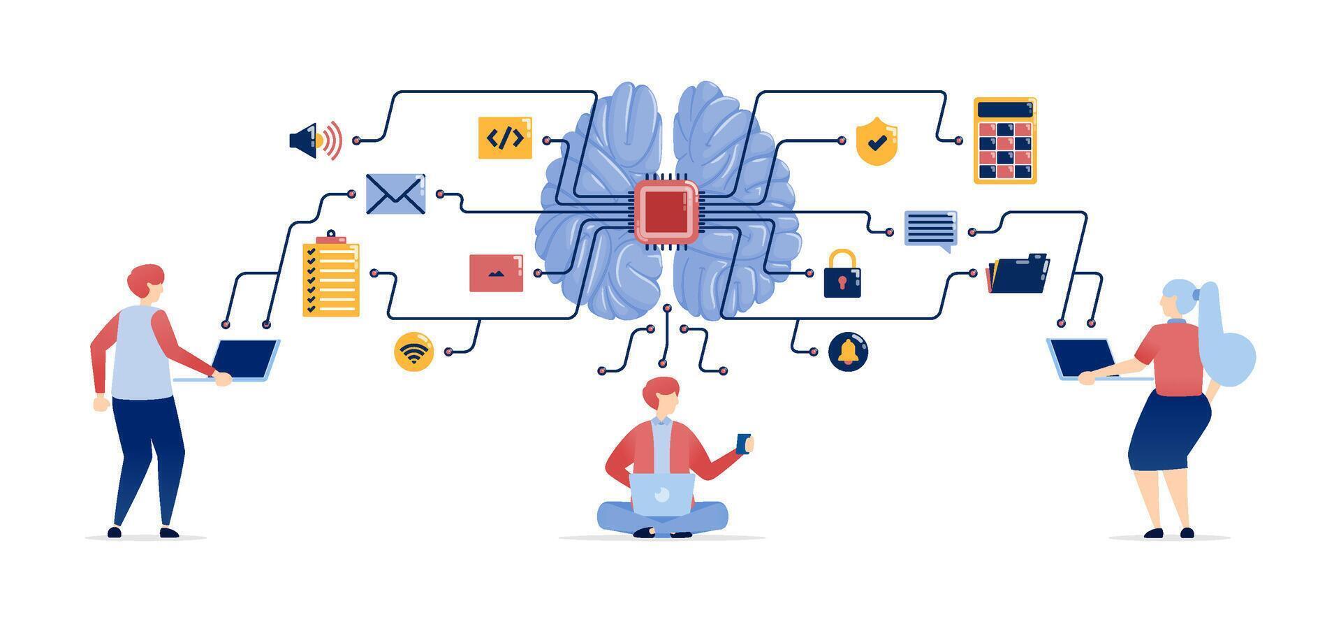 Illustration of People Accessing Data from Learning, Work, and Entertainment, Supported by AI Brains for Enhanced Processing and Development of Advanced Learning Machines vector
