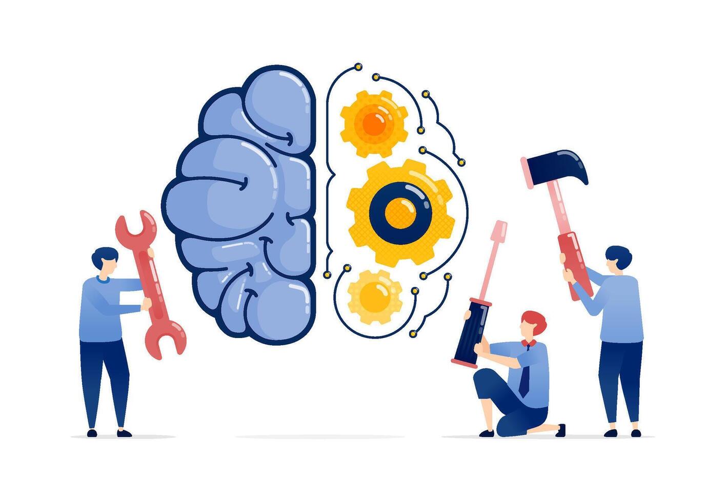 Illustration of People Repairing an AI Brain Mechanism with Tools Including Wrench, Screwdriver, and Hammer to Restore Network Gear Functionality vector