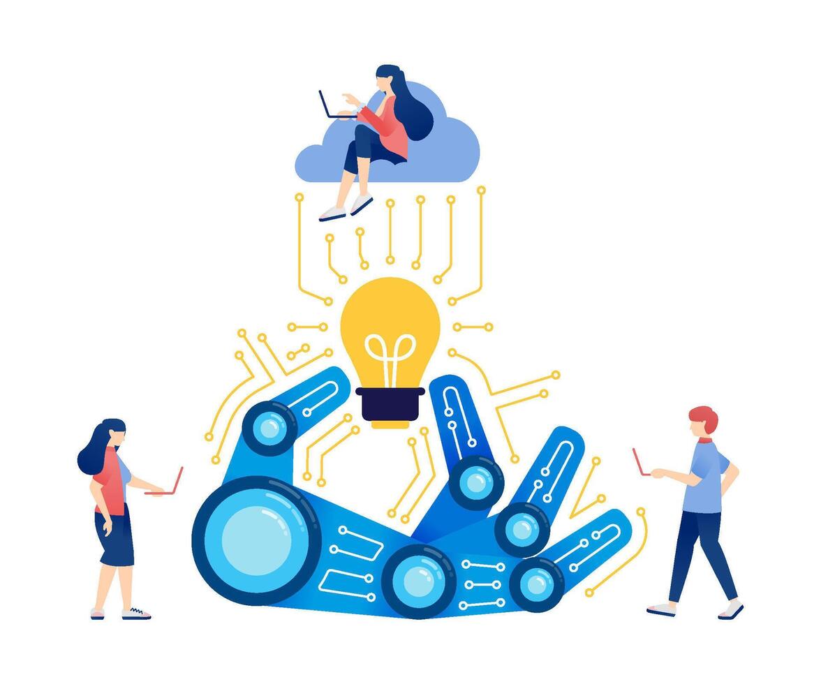 Artificial Intelligence Illustration with Robot Hand Holding Lamp for Idea Generation and Cloud-Connected Knowledge Network vector