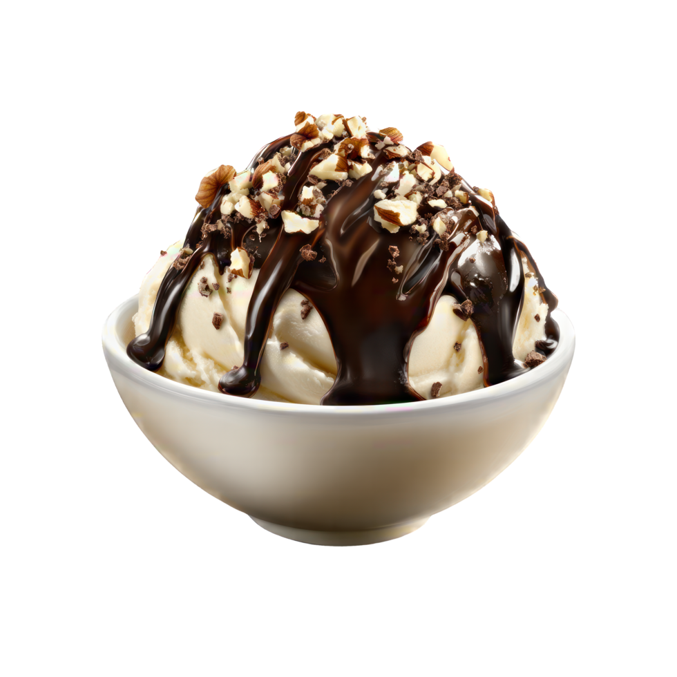 ice cream with chocolate sauce and nuts on top png
