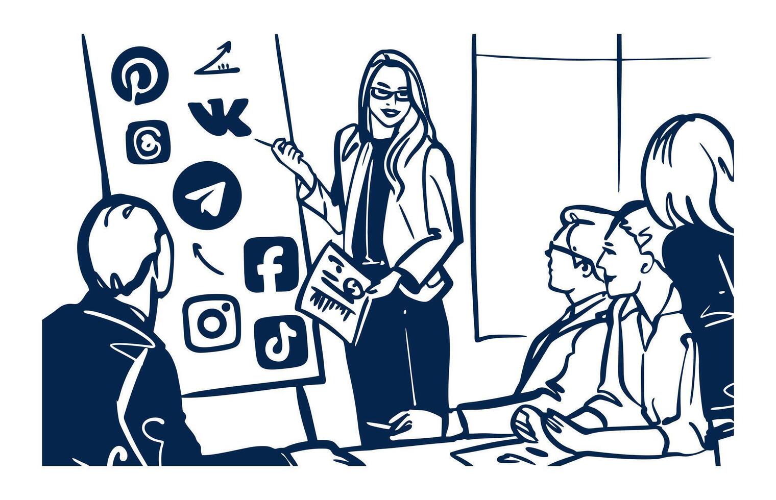 A professional presenting social media strategies to a team, ideal for marketing and communication concepts vector