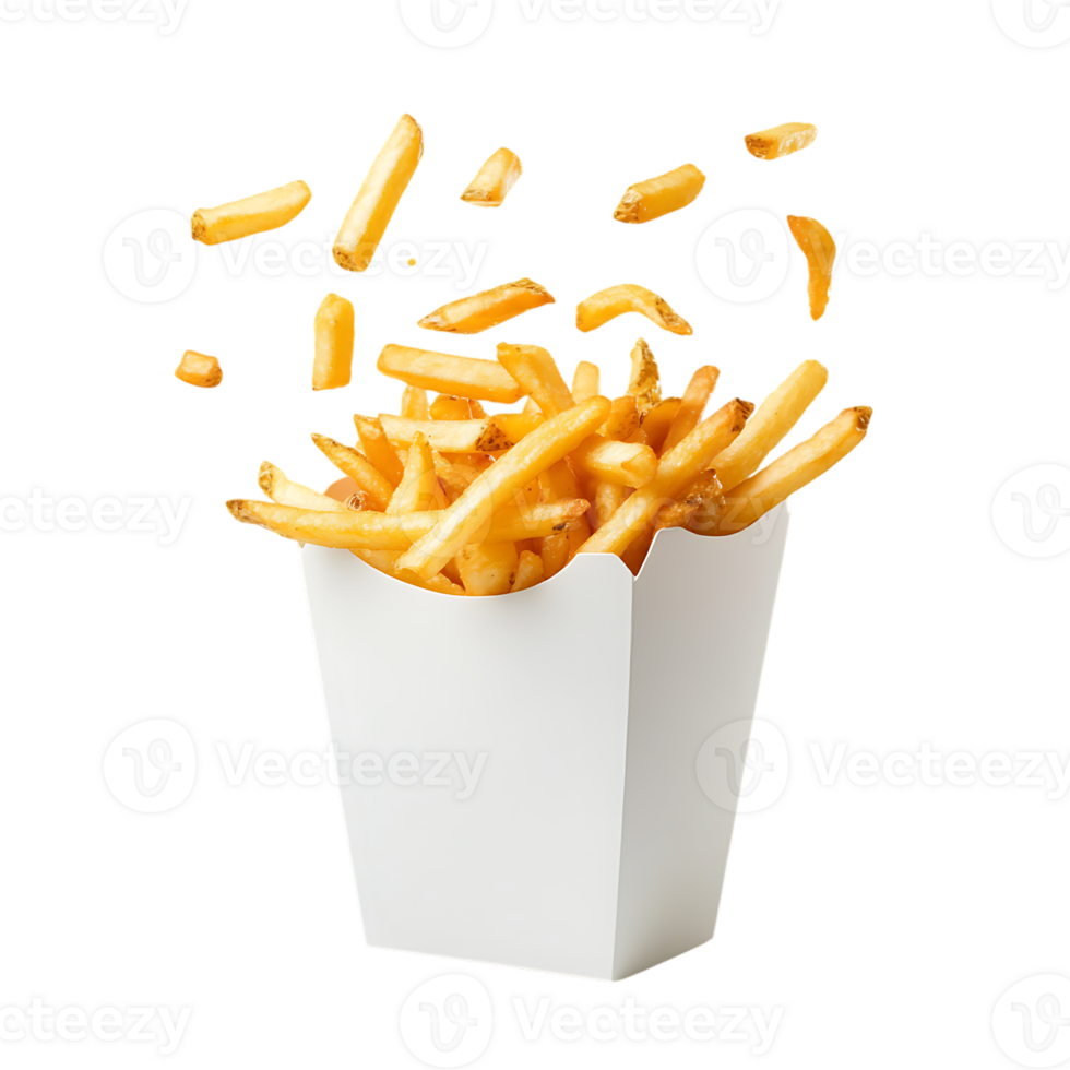 Freshly Fried French Fries Floating into a Paper Box png