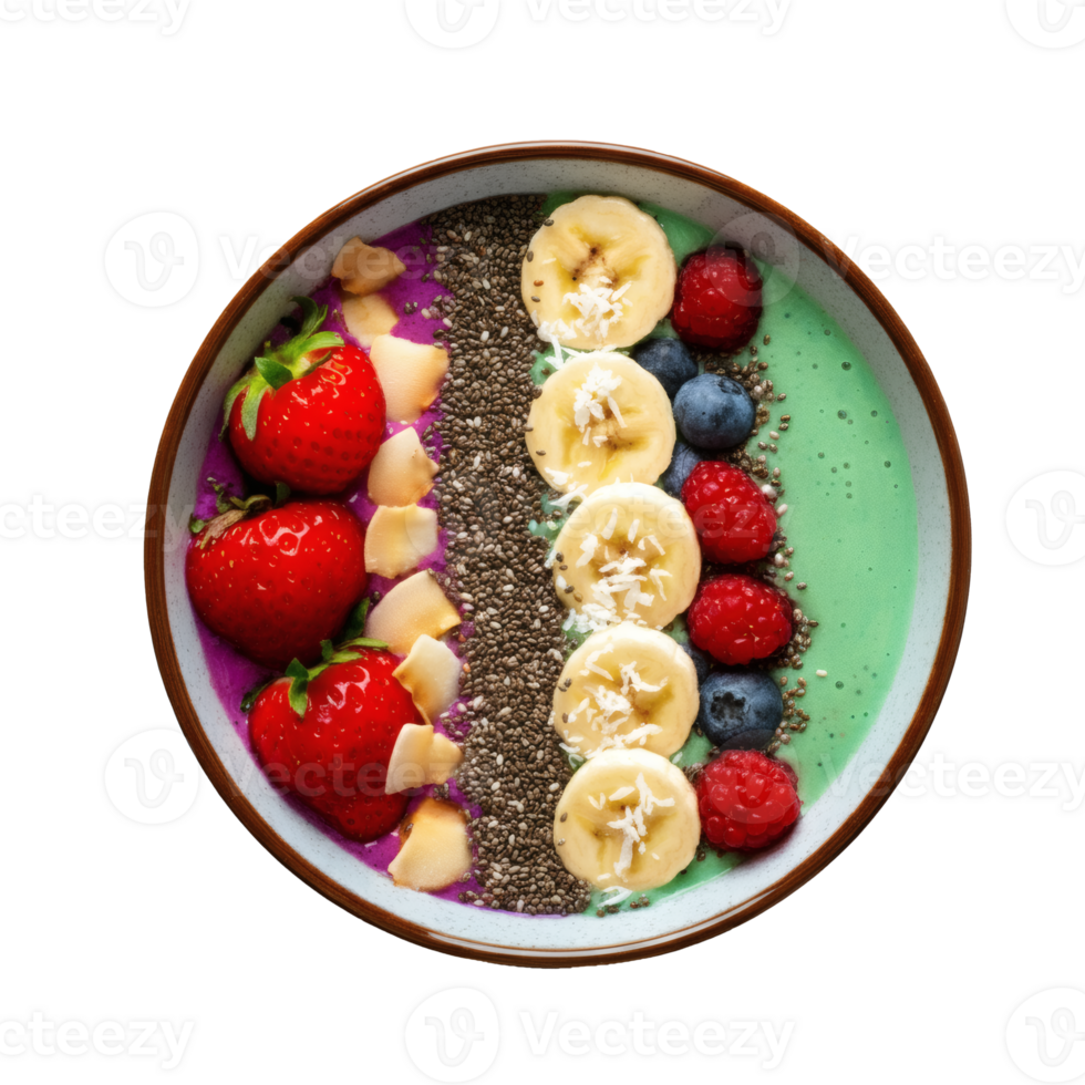 Healthy smoothie bowl cut out with fresh strawberries bananas chia seeds blueberries raspberries tropical superfood breakfast isolated background png