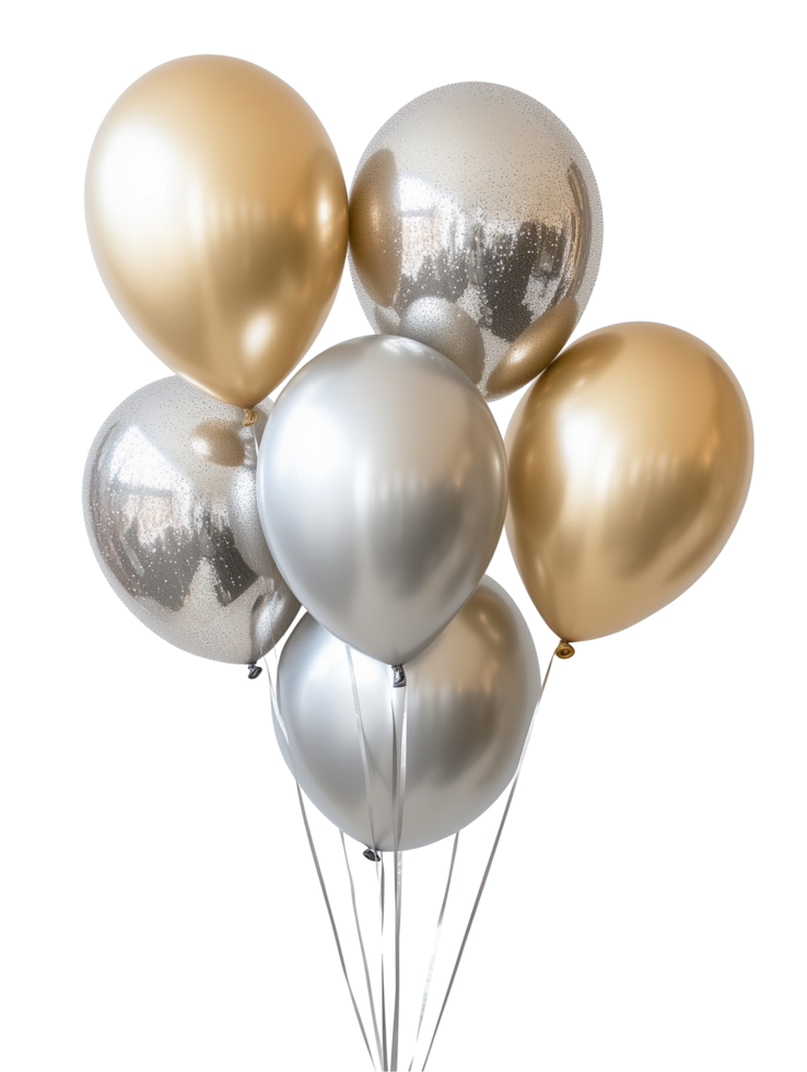 balloons with silver and gold foil on transparent background png