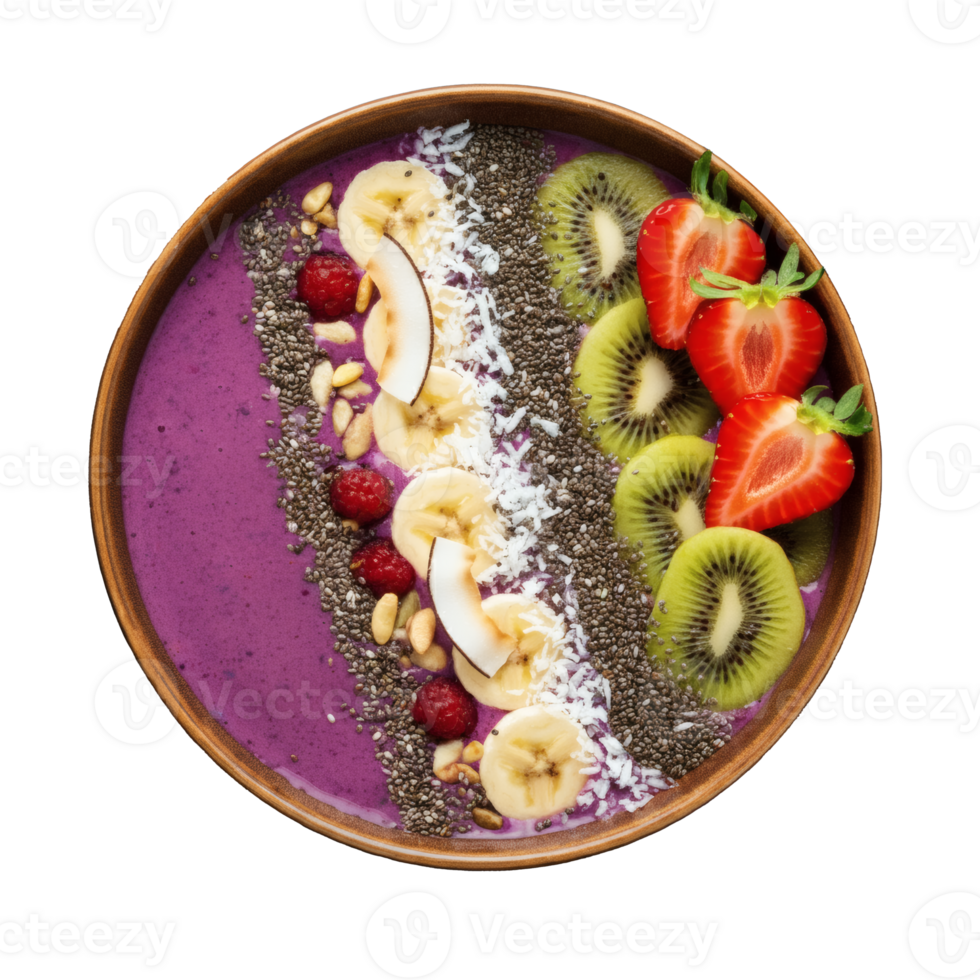 Healthy smoothie bowl with fresh strawberries bananas chia seeds blueberries raspberries tropical superfood breakfast isolated background png