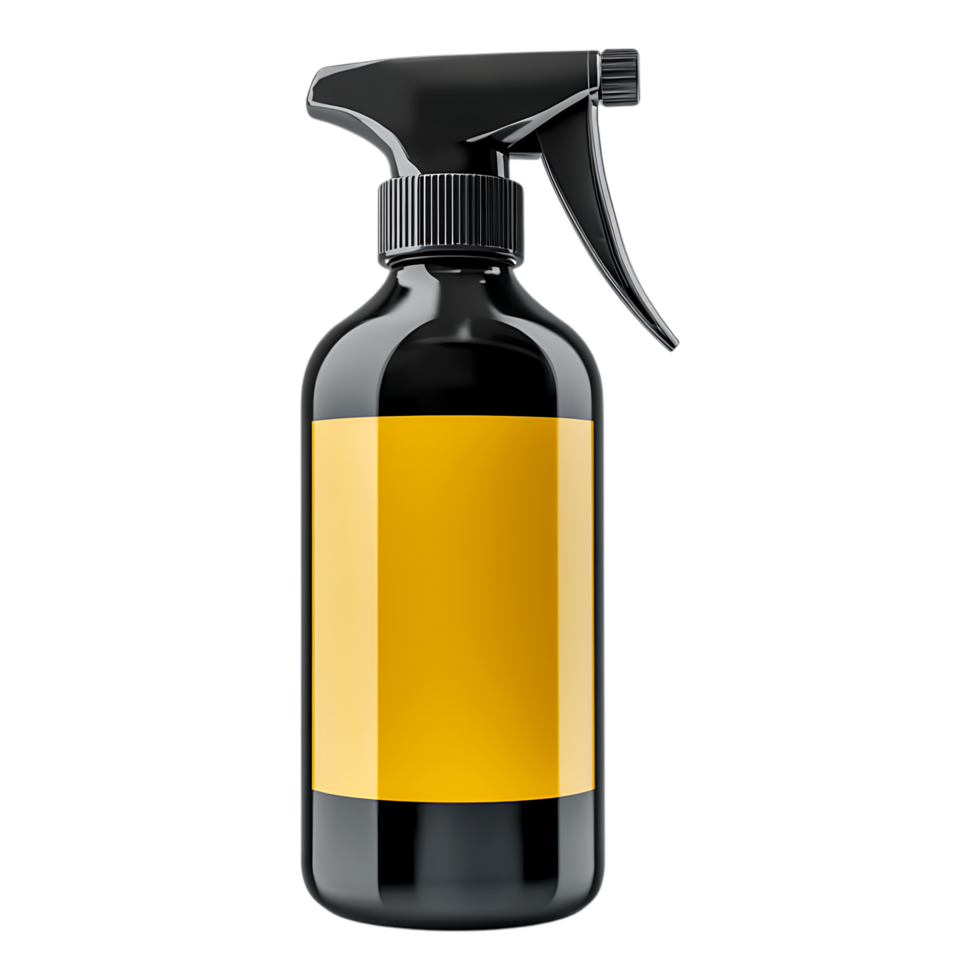 Black spray bottle with a yellow label over a transparent background png