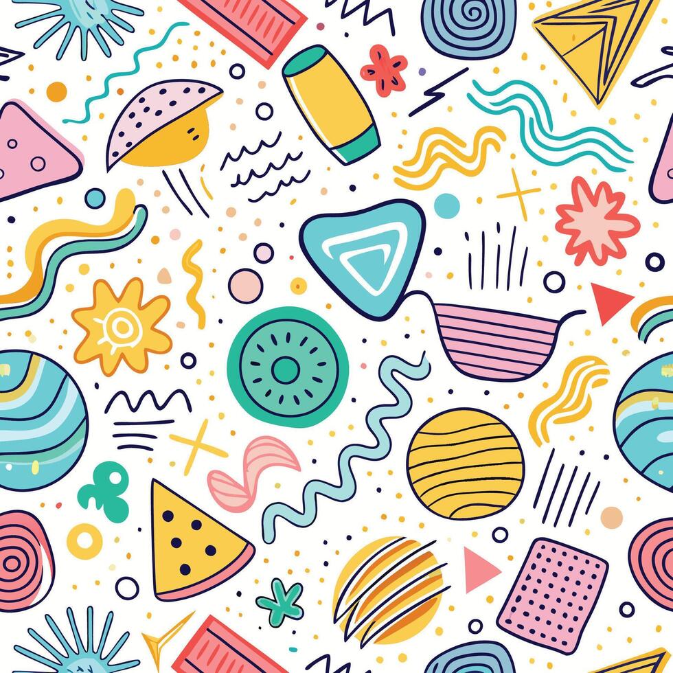 seamless pattern with colorful objects, and shapes white background vector