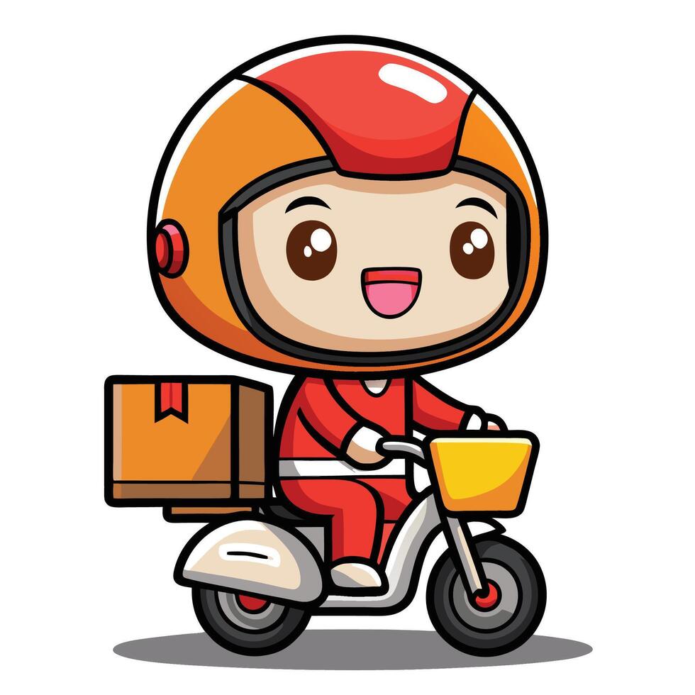 cartoon delivery boy riding scooter with boxes on the back vector