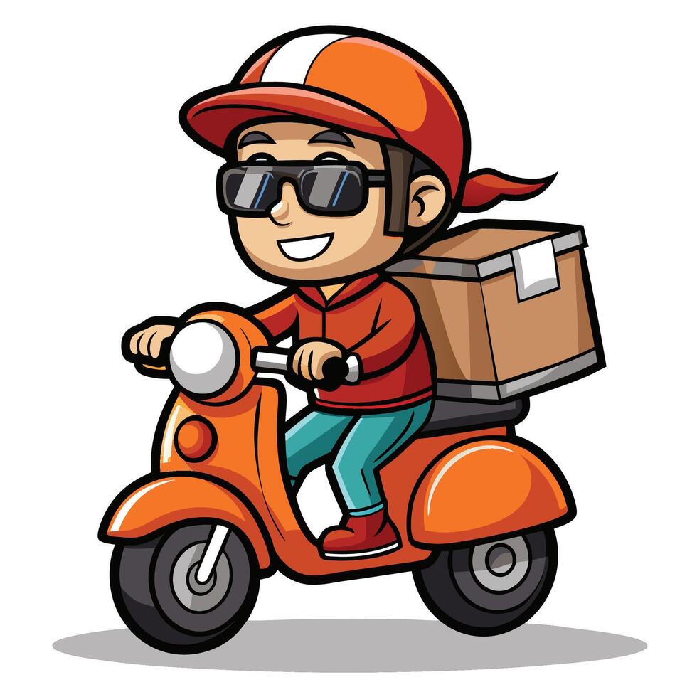 cartoon delivery boy riding , scooter with a box vector